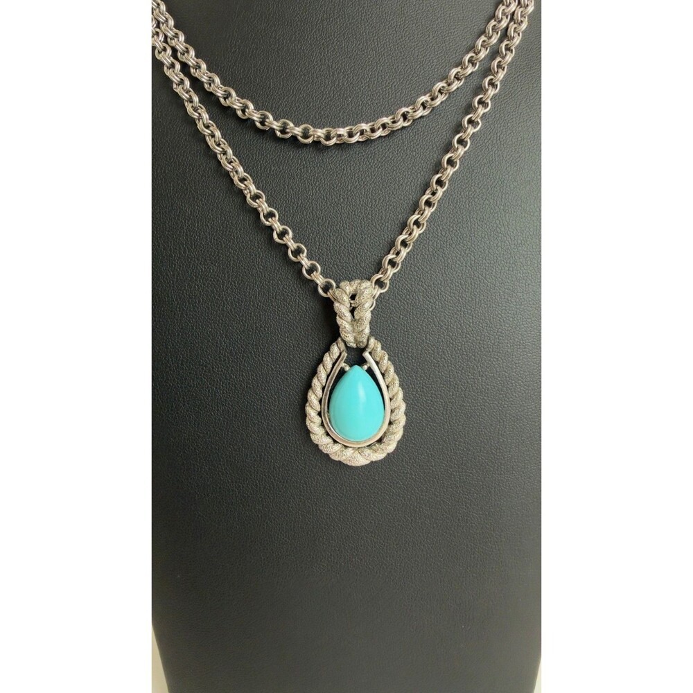 Vintage AVON Blue Lucite Cabochon Teardrop Pendant Double Chain Necklace